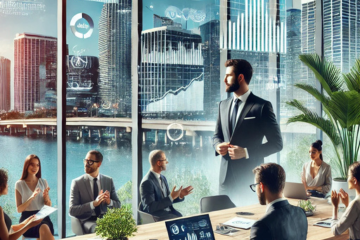 A professional accountant in Miami assisting entrepreneurs with financial charts, documents, and a stunning city skyline backdrop.