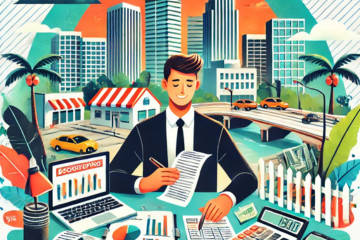 An illustration of a small business owner managing finances at a desk filled with bookkeeping tools, including a laptop, calculator, and receipts. The background features Fort Lauderdale's iconic skyline with palm trees and modern office buildings, emphasizing the vibrant, local startup culture. The scene highlights organization, productivity, and the tropical business environment.